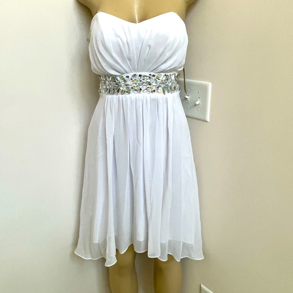 Juno white strapless rhinestone waist dress